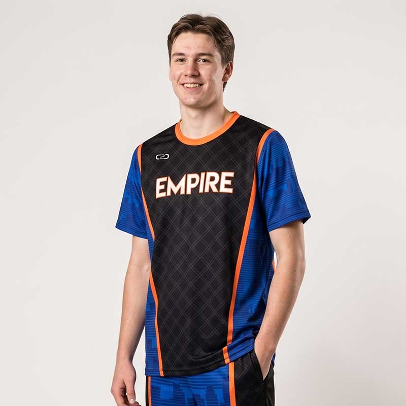 Custom Empire basketball jersey in black and blue with orange trim
