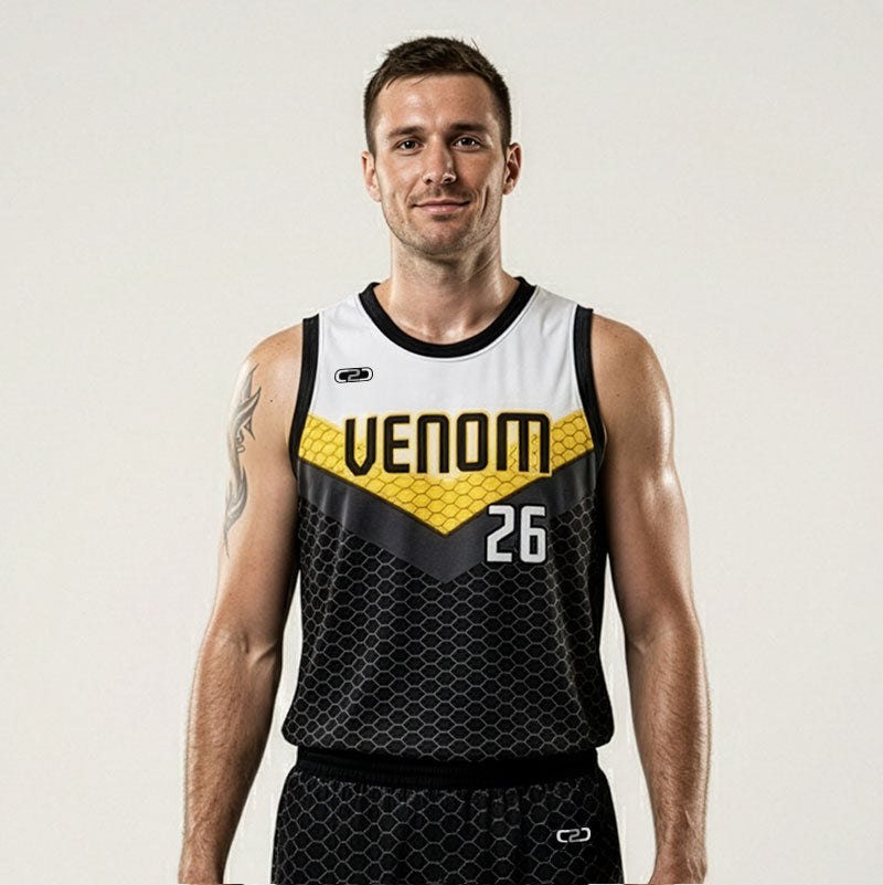 Male player wearing black and gold Venom basketball jersey number 26