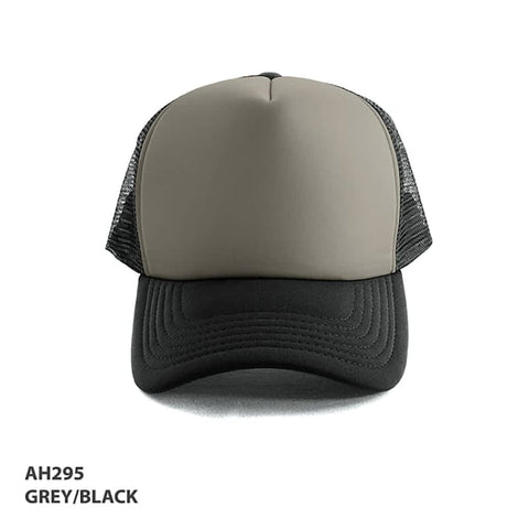 A grey and black Polymesh trucker cap featuring a structured front and mesh sides, with a logo on the front.