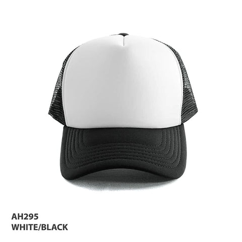 A white and black Polymesh Trucker Cap featuring a curved brim and mesh back, with a logo on the front.