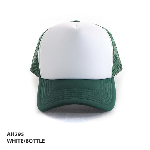 A green and white Polymesh Trucker Cap featuring a solid front panel and mesh sides, with a logo present.