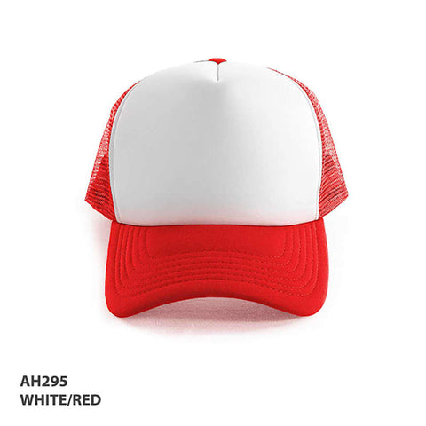 A red and white Polymesh Trucker Cap with a solid front and mesh sides, featuring a logo.