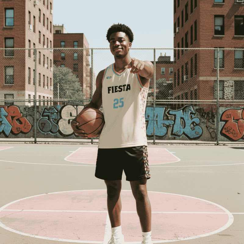 Player in Fiesta basketball uniform holding a ball on an outdoor city court