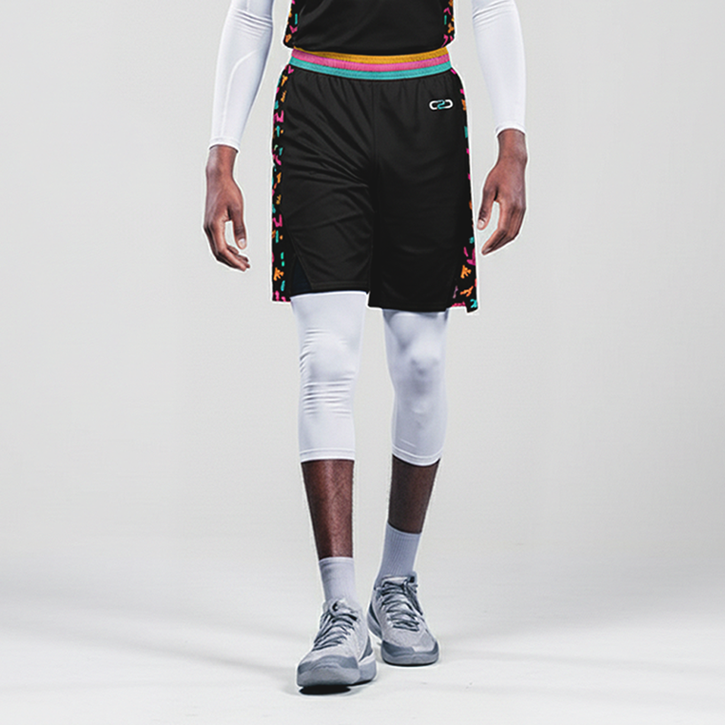 Custom black basketball shorts with multicolour trim and white compression leggings