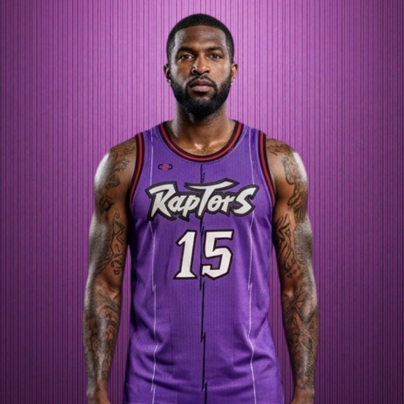 Front view of purple Raptors basketball jersey with number 15 on player