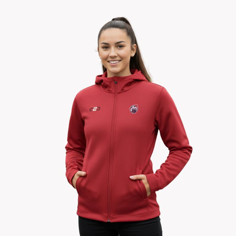 woman in a ponytail wearing a bright red Sport Glide SlimFit HP Tech zip hoodie with hands in the pockets.